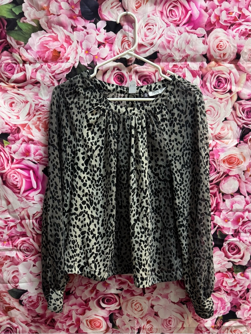 Jennifer Lopez Black Leopard Print Sheer Open Back Long Sleeve Blouse